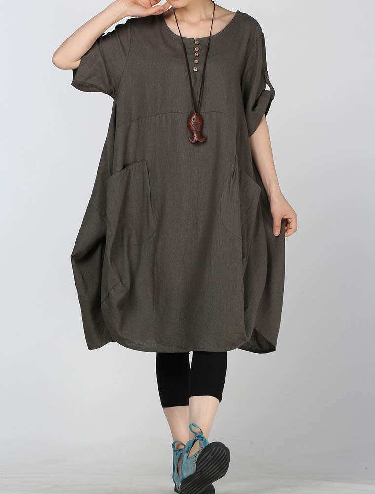 LaovanIn Women's Plus Size Tunic Dress Summer Cotton Linen T Shirt Knee-Length Dresses 3X-Large Green - Image 2
